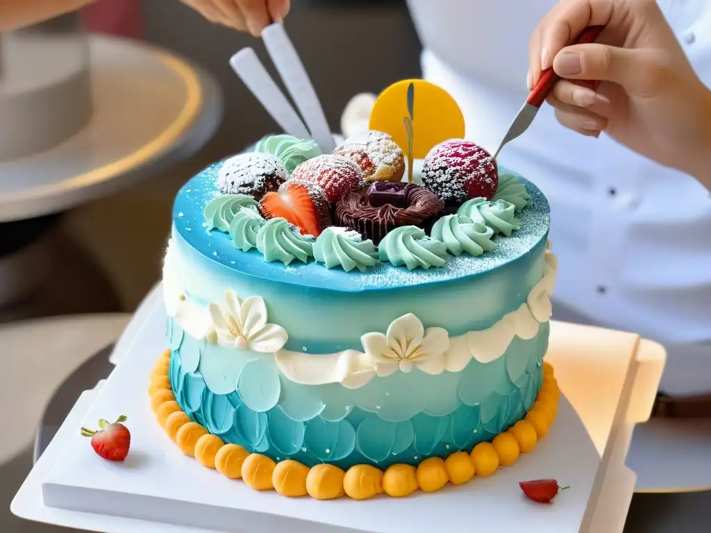 Un repostero experto personaliza un pastel con diseños intricados