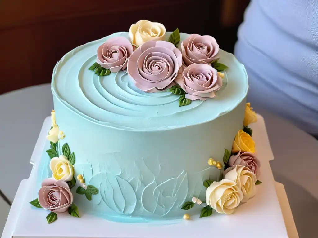 Un repostero experto decora con precisión un pastel de múltiples capas en tonos pastel