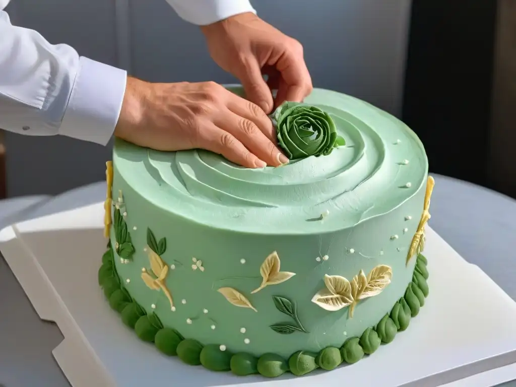 Un repostero experto decora con precisión un pastel elaborado, destacando su destreza