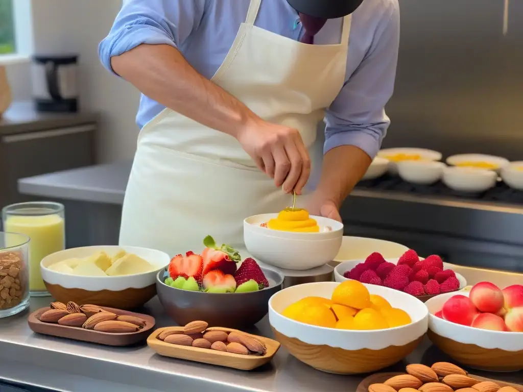 Un repostero midiendo ingredientes orgánicos para un postre en una cocina sostenible