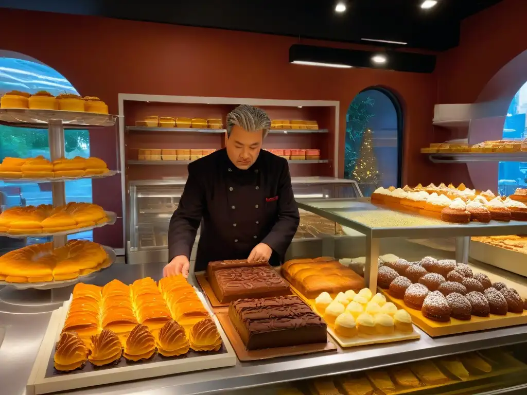 Un repostero crea una obra maestra en una acogedora panadería, rodeado de delicias