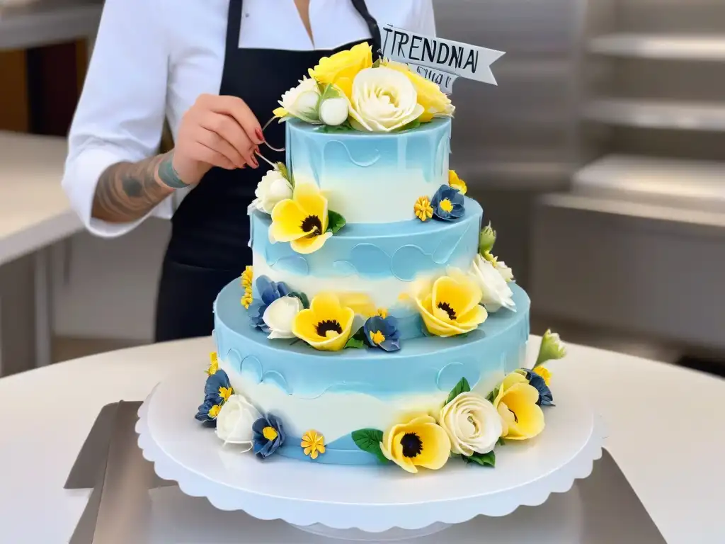 Un repostero profesional decora con detalle un pastel de bodas de tres pisos, mostrando la gestión de inventario en aplicaciones para reposteros