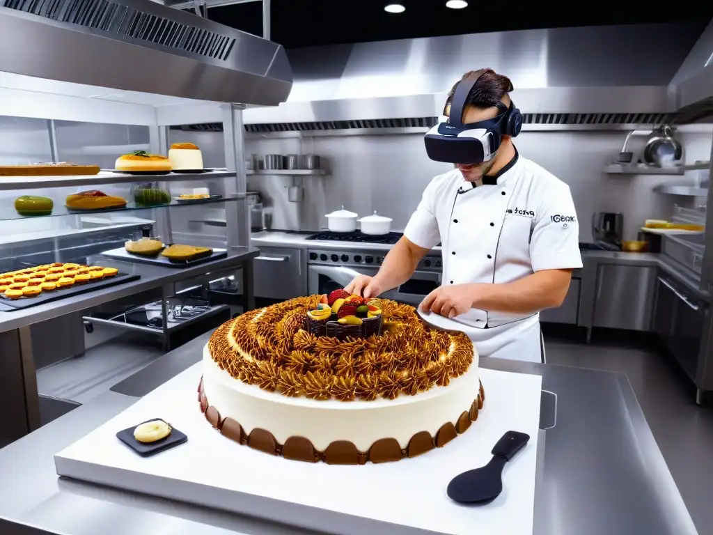 Un repostero profesional inmerso en un entorno virtual, creando postres asombrosos con Realidad Virtual formación reposteros