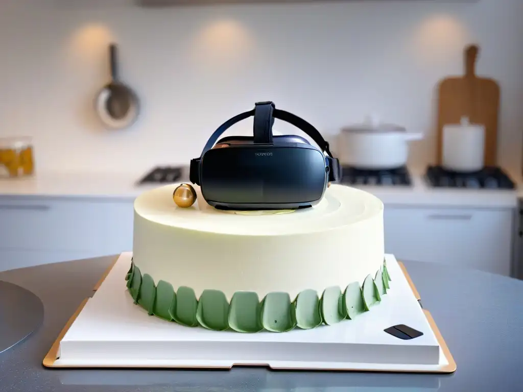 Formación reposteros Realidad Virtual: Un casco de realidad virtual en una cocina moderna, iluminado por una suave luz cálida