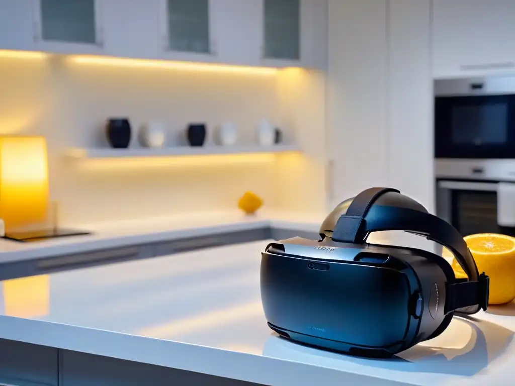 Formación reposteros Realidad Virtual: Auriculares VR iluminados en moderna cocina fusionando tecnología y repostería