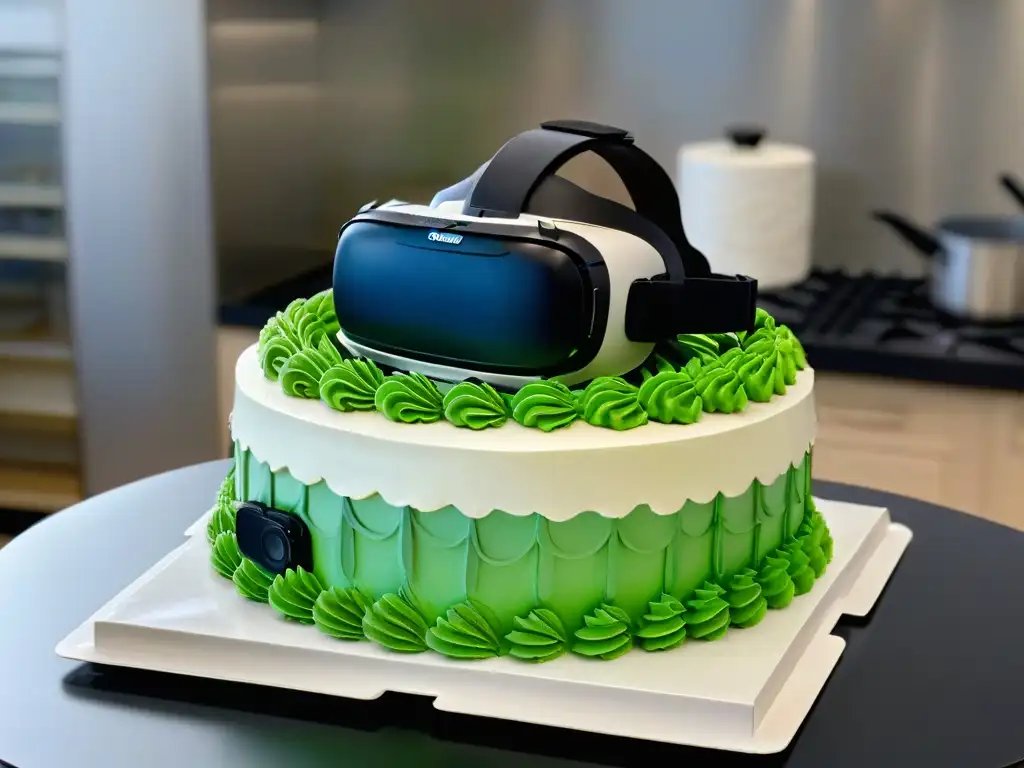 Formación reposteros Realidad Virtual: Visor de VR refleja pastel digital en cocina moderna