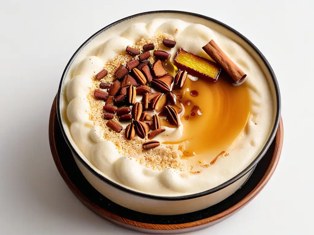 Una representación detallada de un exquisito tazón de arroz con leche, con canela y miel