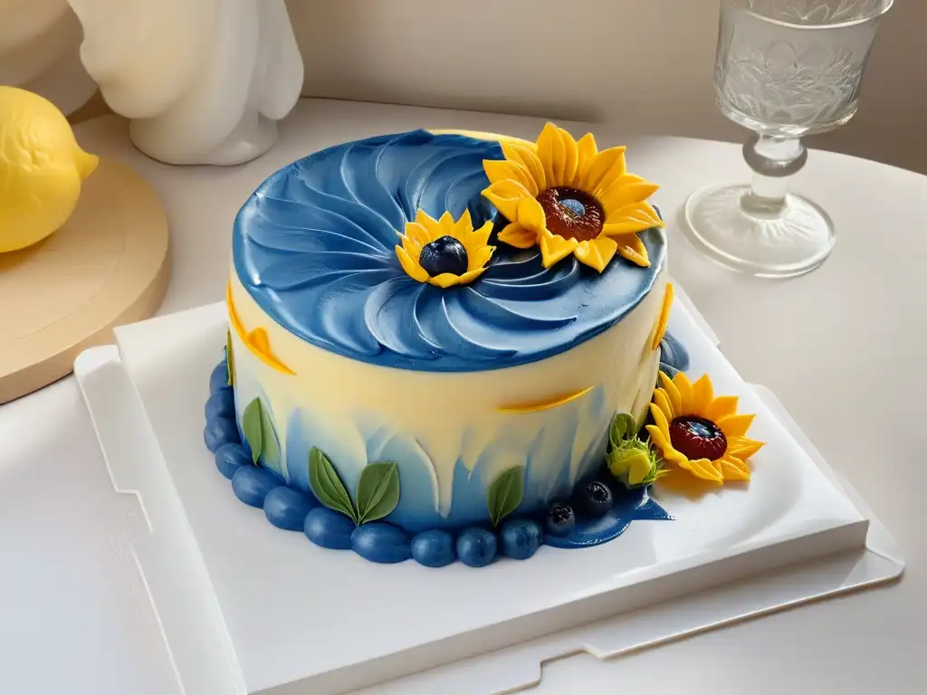 Dulce girasol de Van Gogh en postres detallados Una representación detallada y minimalista de un girasol vibrante hecho con postres inspirados en Van Gogh