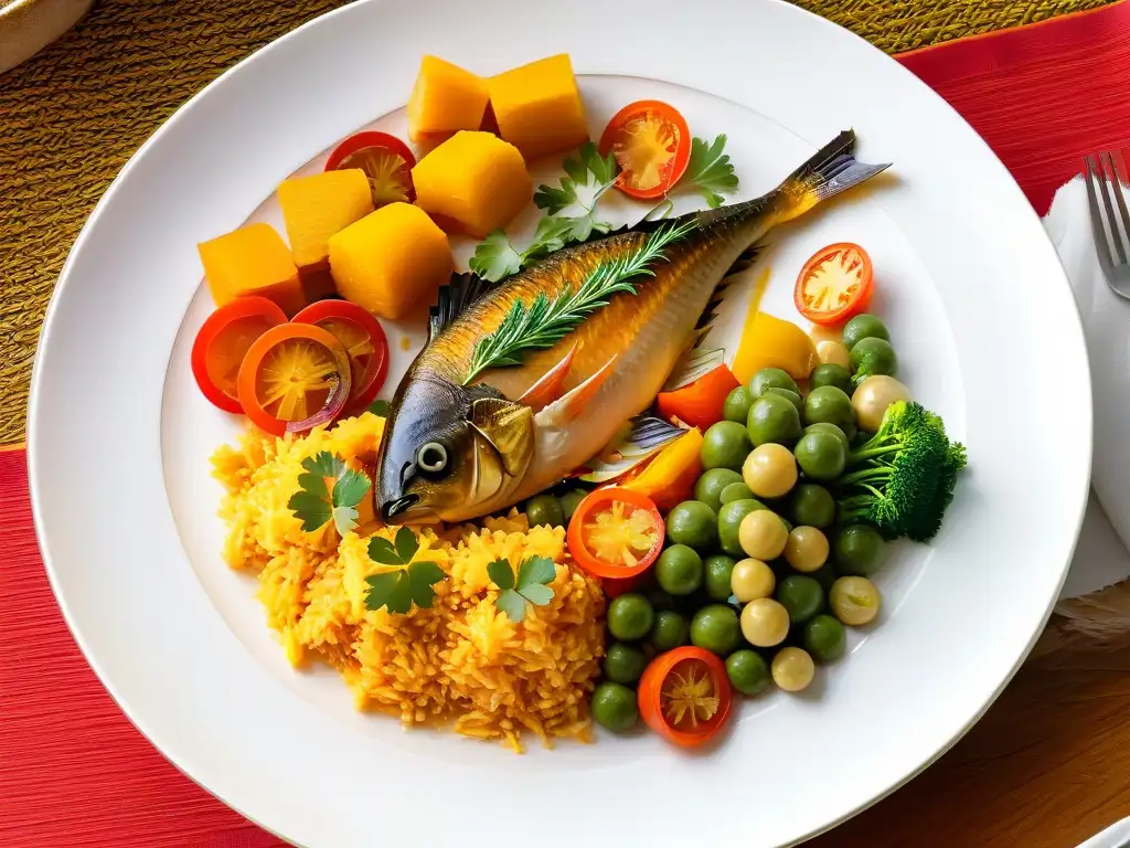 Una representación detallada de un plato de Thieboudienne dulce receta tradicional, resaltando sus colores vibrantes y texturas exquisitas