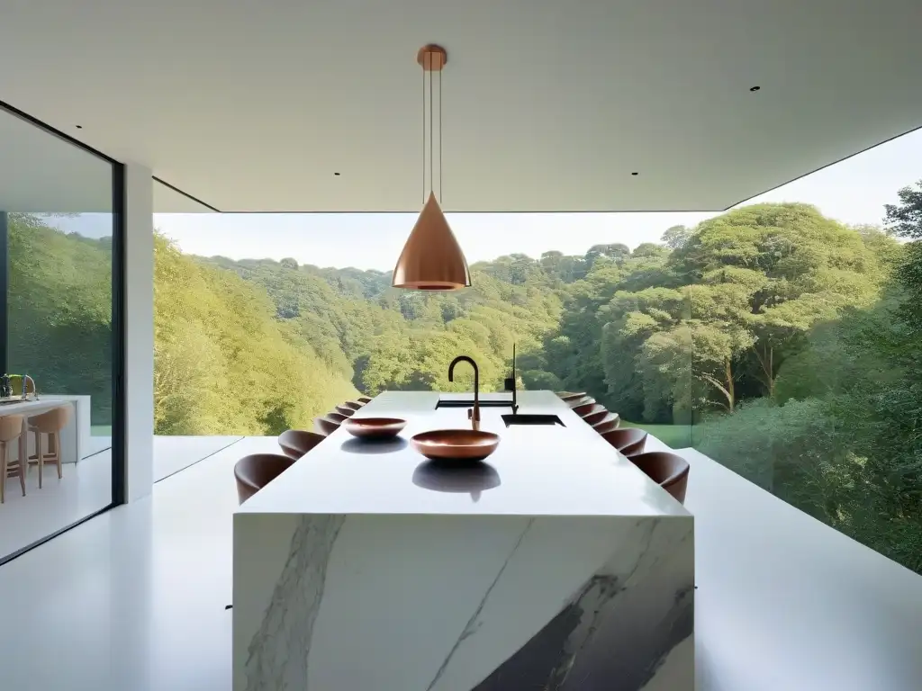 Retiro de cocina especialidad: cocina minimalista con isla de mármol, utensilios de cobre y luz natural en el bosque