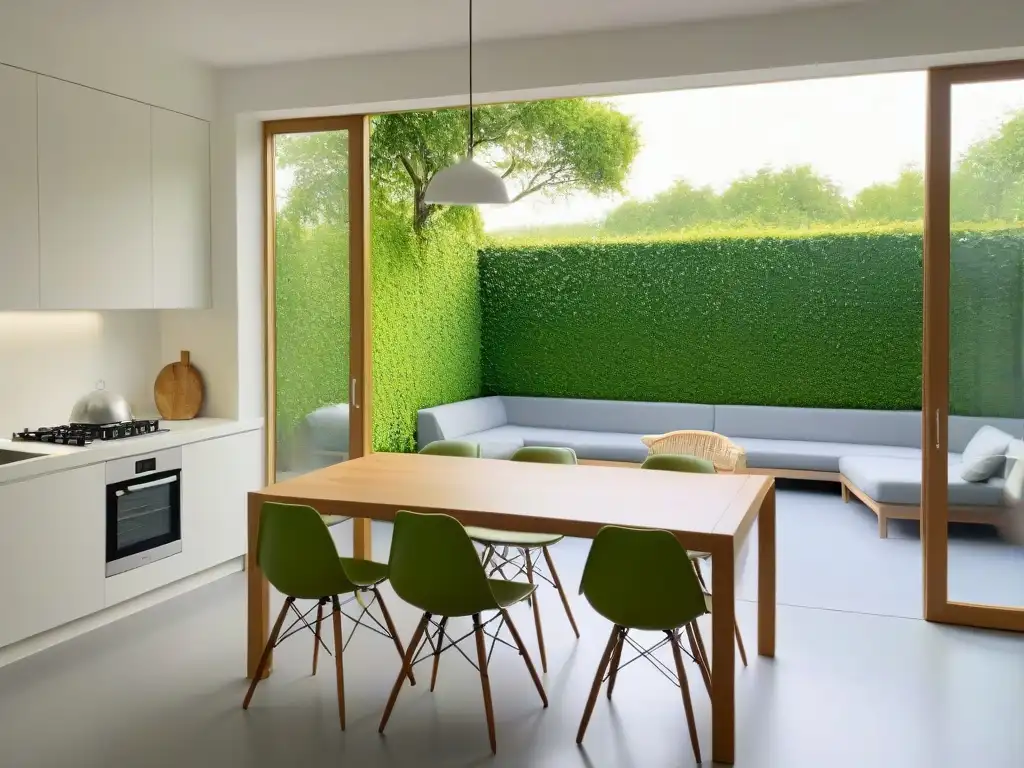 Un retiro de cocina para vacaciones: un ambiente sereno y minimalista con tonos suaves y vistas a un jardín exuberante