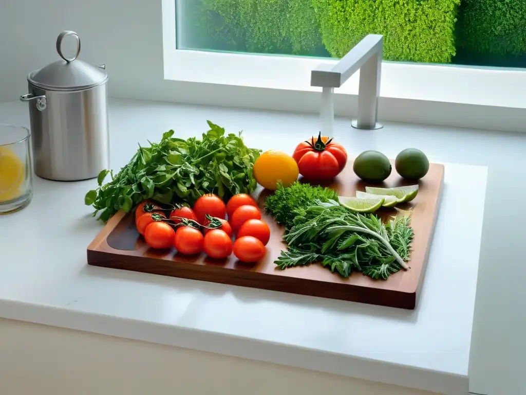 Un retiro de cocina para vacaciones: una cocina minimalista y serena con ingredientes frescos y coloridos en una tabla de cortar de madera