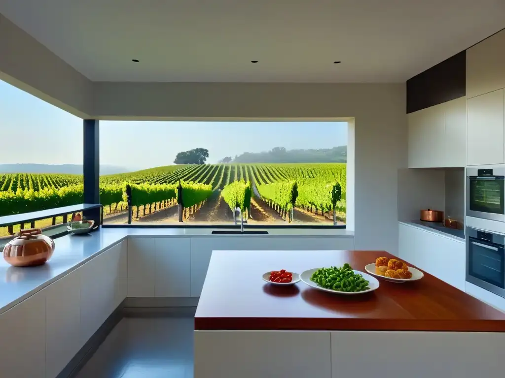 Retiros de cocina internacionales gourmet en una cocina moderna con vista a viñedo al atardecer