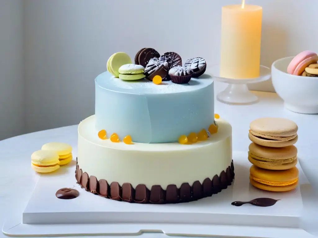 Retiros de cocina repostería experto: Escena elegante con pastelería fina y detalles meticulosos bañados por la luz natural