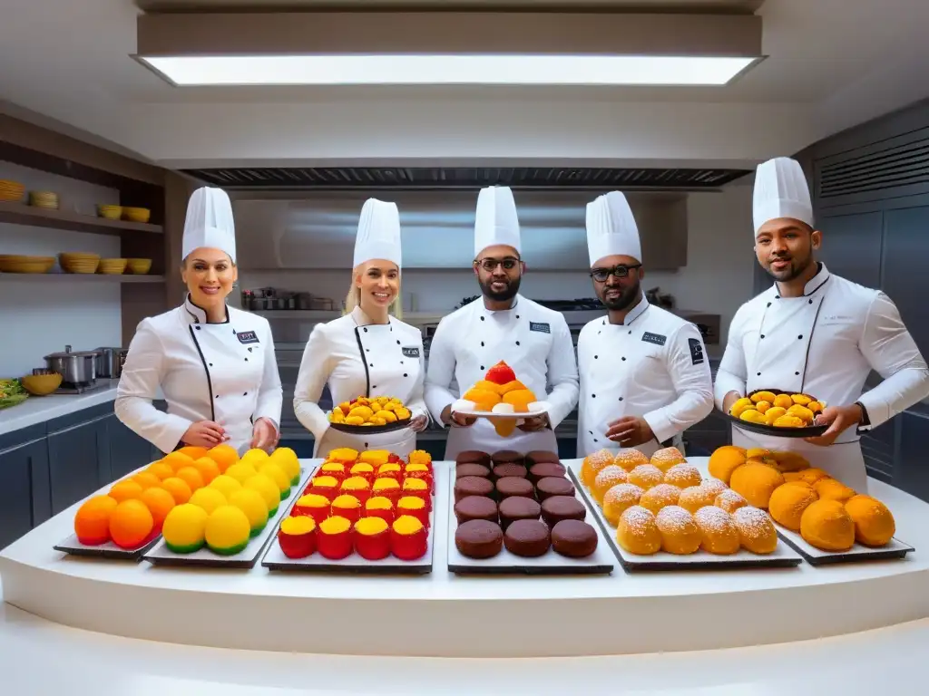 Una reunión colaborativa de chefs de pastelería vegana en un festival global, intercambiando técnicas y consejos creativos