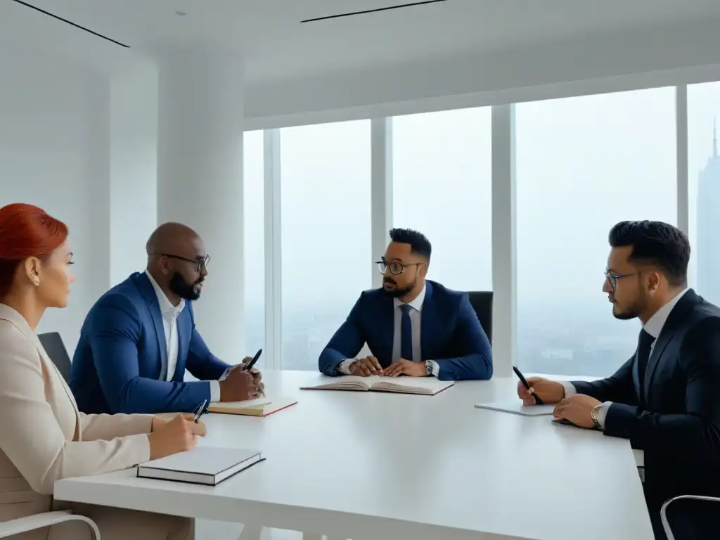 Una reunión de profesionales diversos colaborando éticamente en una sala moderna con vista a la ciudad