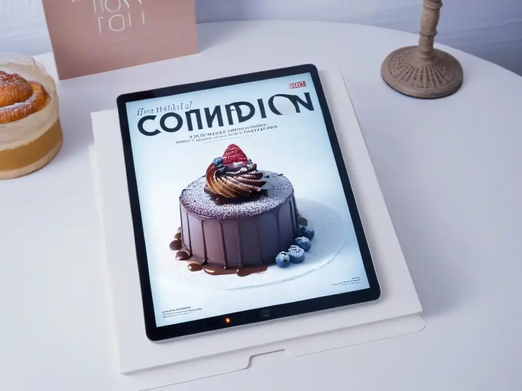 Revista digital repostería consejos profesionales: tablet con elegante portada de revista de repostería y postres, en un escenario moderno y luminoso