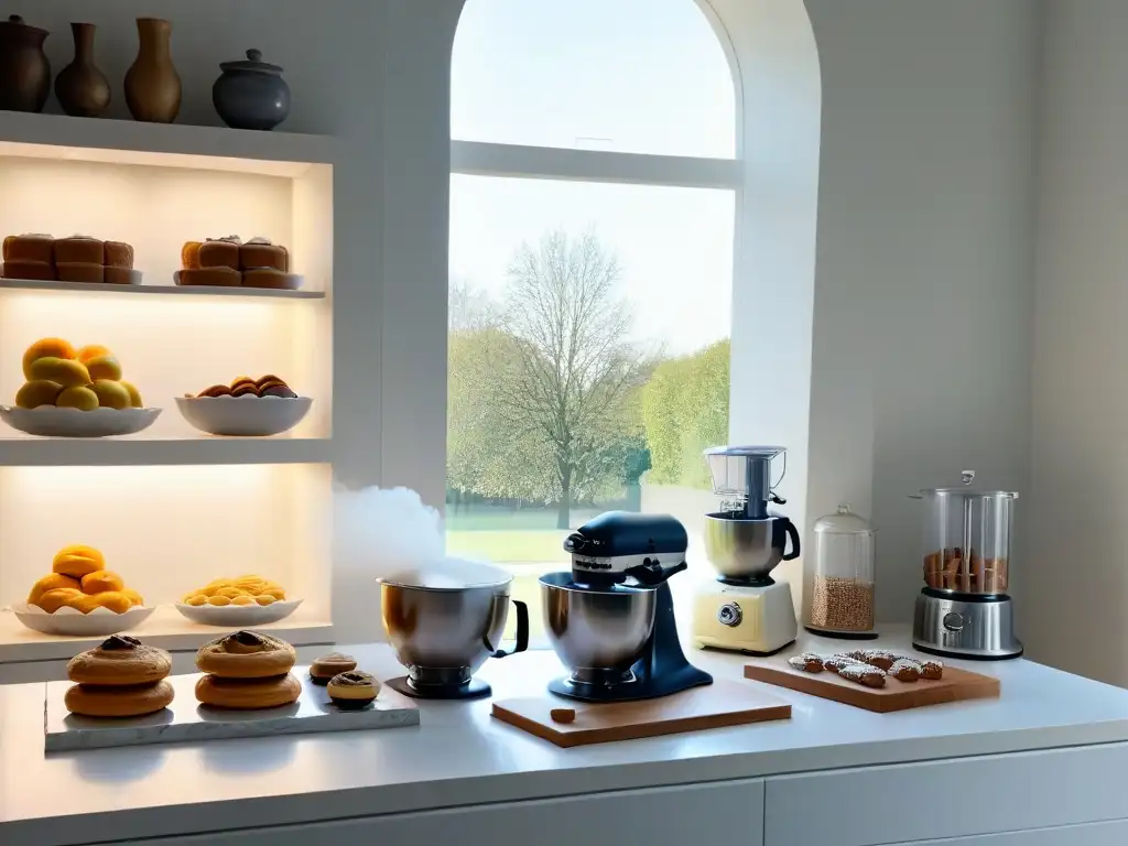 Revistas digitales repostería tendencias: Cocina moderna con utensilios de alta gama y batidora blanca en mármol, bañada por luz cálida