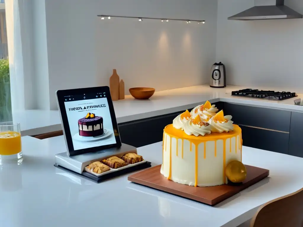 Cocina minimalista: Revistas digitales de repostería en mármol blanco Revistas repostería era digital en moderna cocina minimalista con revistas de pasteles vibrantes en tablet bajo luz natural
