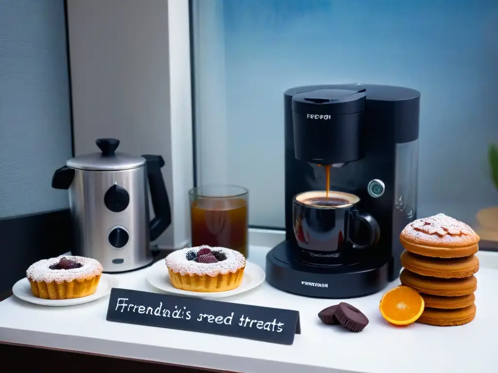 Un rincón acogedor de una cafetería con una máquina de café negra, pasteles inspirados en Friends y un letrero