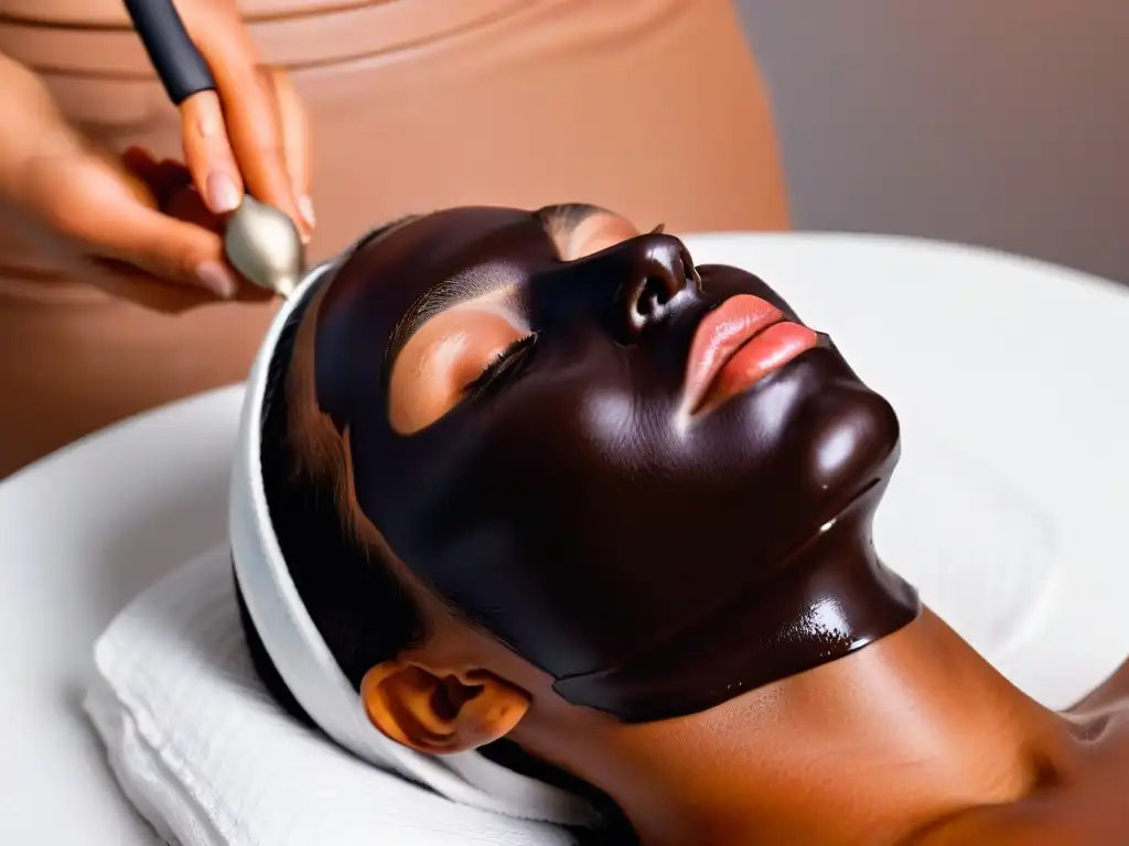 Ritual de belleza: mascarilla de chocolate oscuro aplicada con delicadeza, destacando sus beneficios en la piel