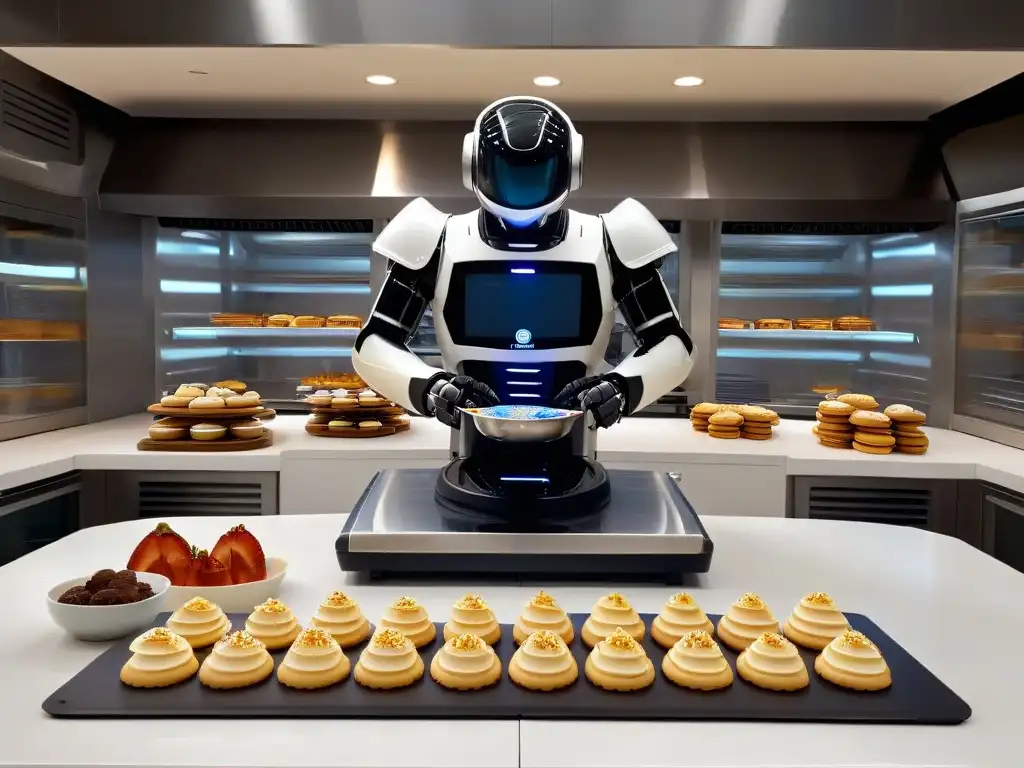 Un robot chef futurista horneando galletas en una cocina moderna