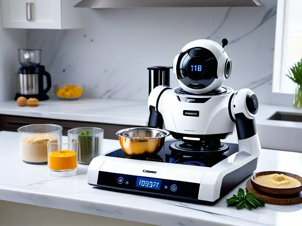 Un robot de cocina futurista en un elegante entorno de cocina moderna, ideal para repostería avanzada