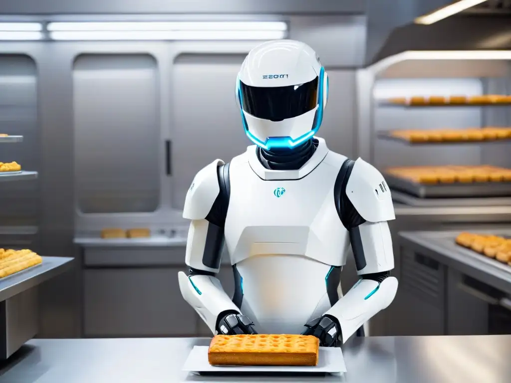 Un robot de cocina futurista para repostería, elegante y minimalista en blanco, con toques metálicos