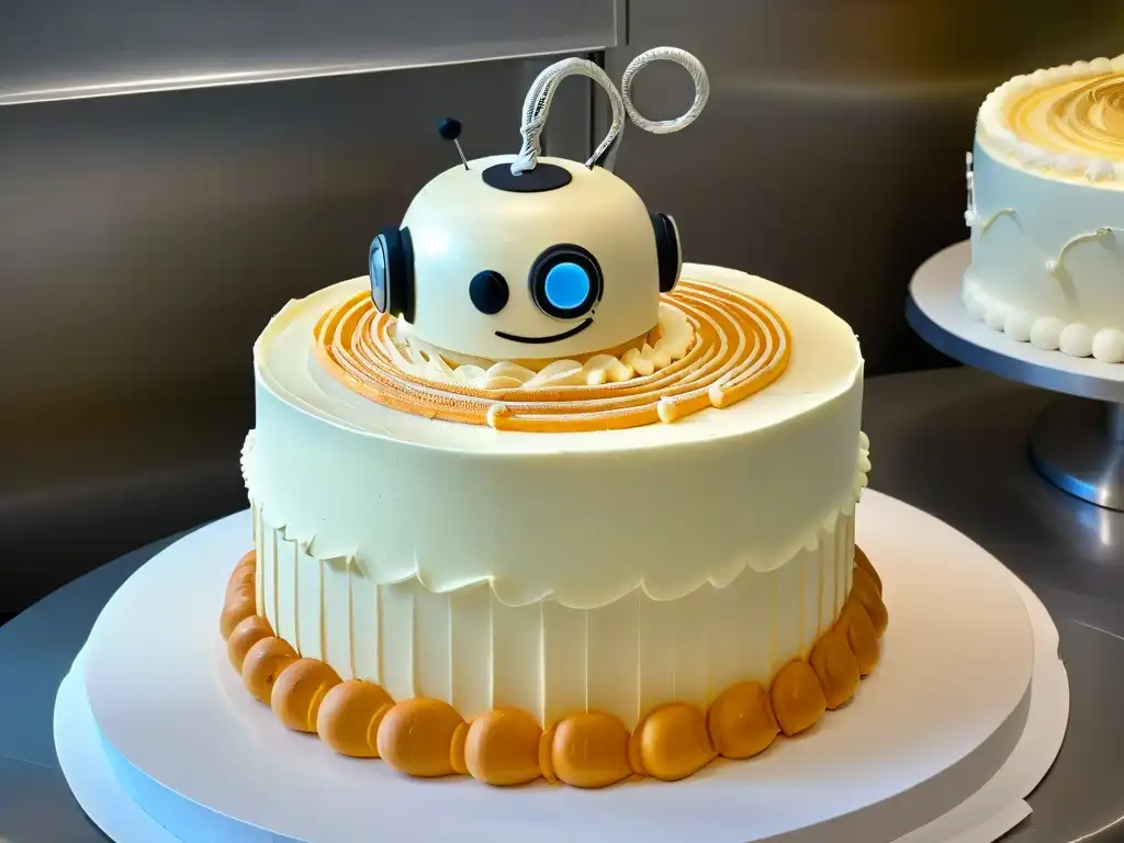 Robot de cocina en repostería decorando pastel con precisión y elegancia, fusionando tecnología y arte culinario