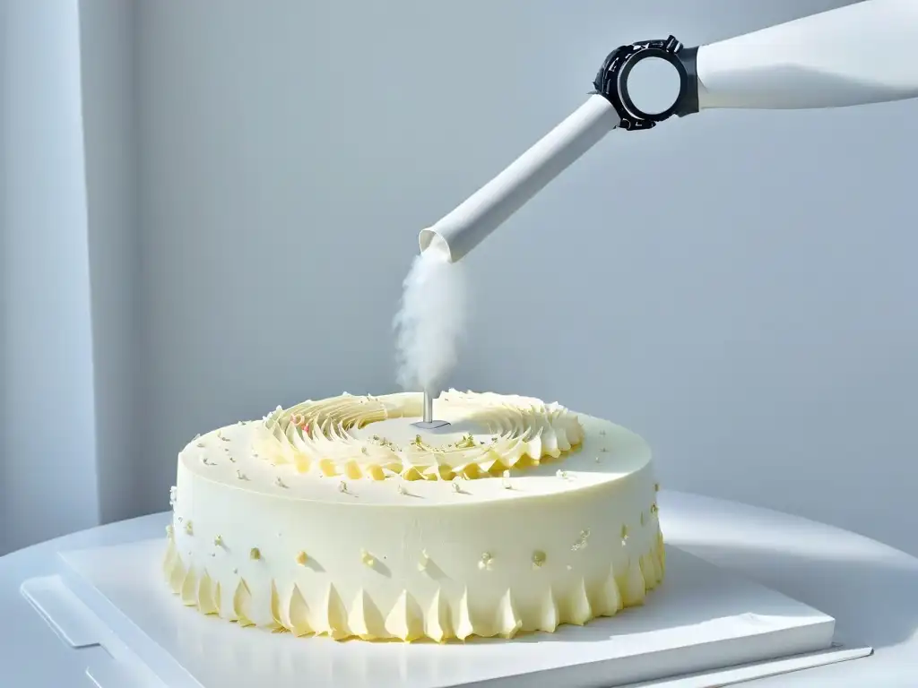 Un robot de diseño moderno y elegante decora con precisión una tarta recién horneada, brilla bajo las luces del estudio