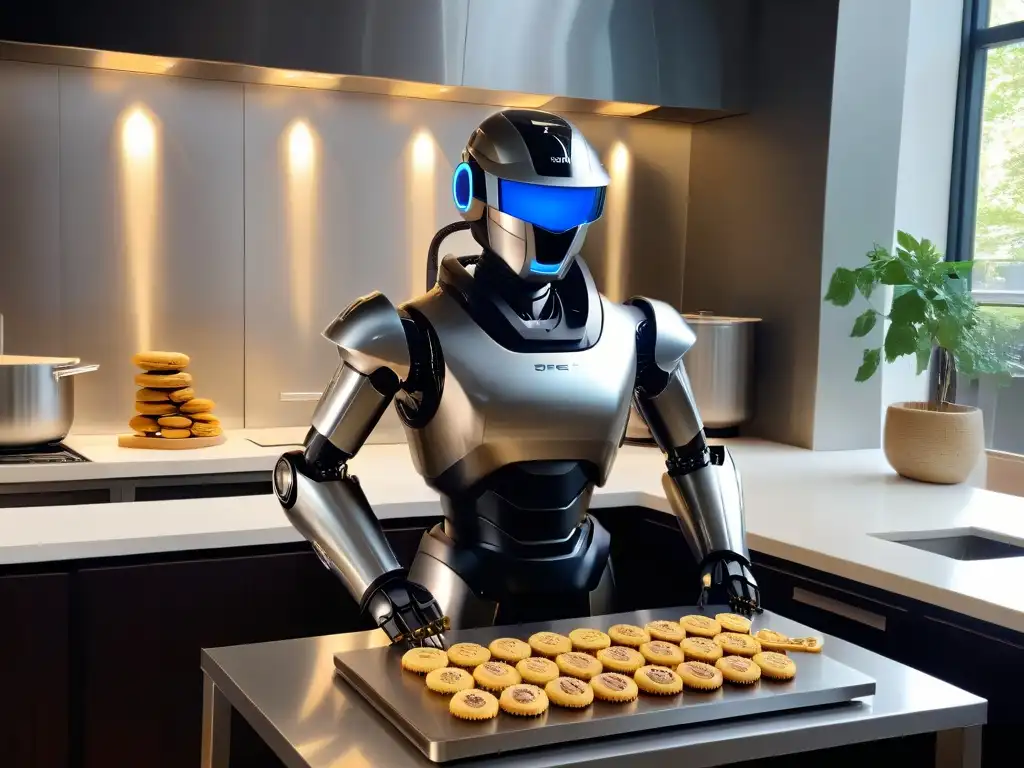 Un robot chef futurista hornea galletas doradas en una cocina de ciencia ficción