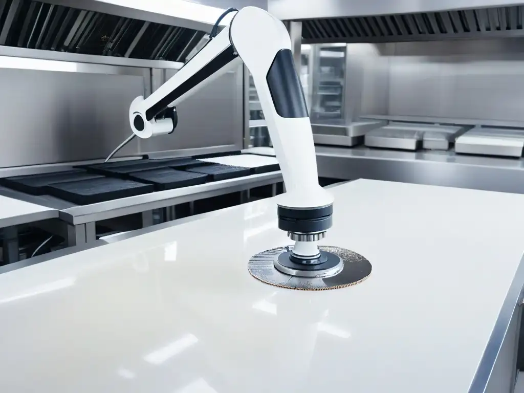 Un robot futurista limpia con precisión una cocina de repostería, rodeado de un suave resplandor blanco