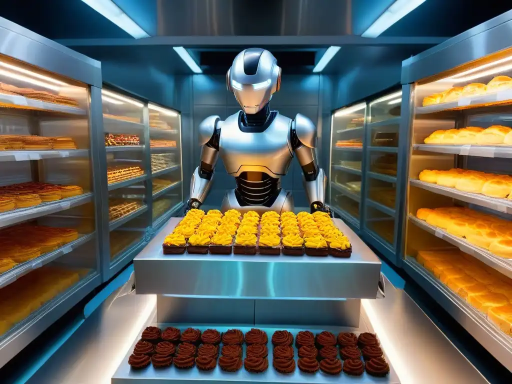 Un robot futurista organiza repostería en una panadería, mostrando eficiencia en la gestión de inventario