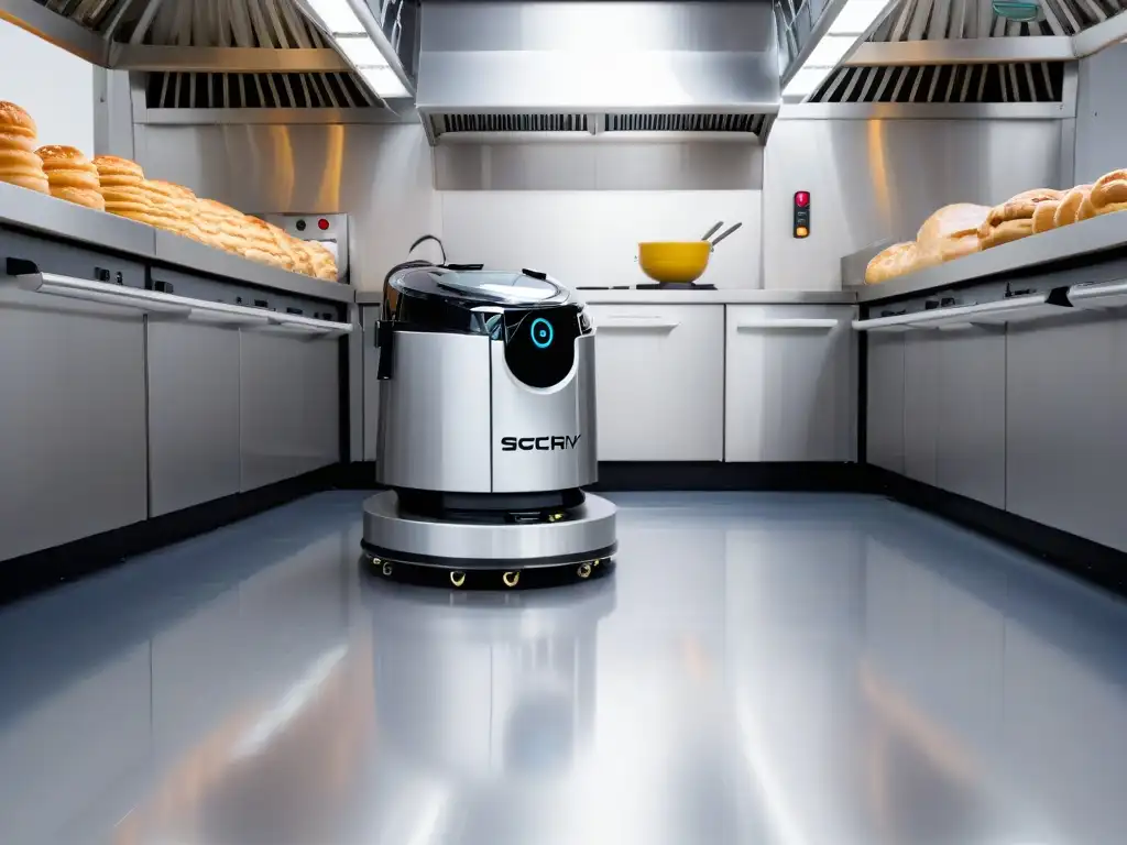 Un robot de limpieza futurista en una cocina de repostería impecable