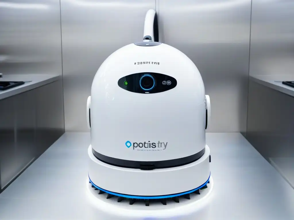 Un robot de limpieza ultramoderno en una cocina de repostería, con múltiples brazos y herramientas especializadas