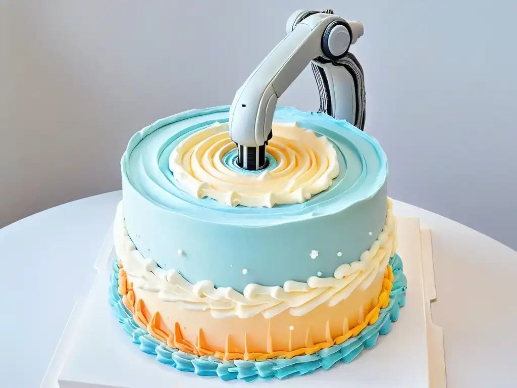 Robot repostero decorando un pastel con precisión futurista Un robot pastelero de precisión y innovación decorando un exquisito pastel con remolinos de colores pastel