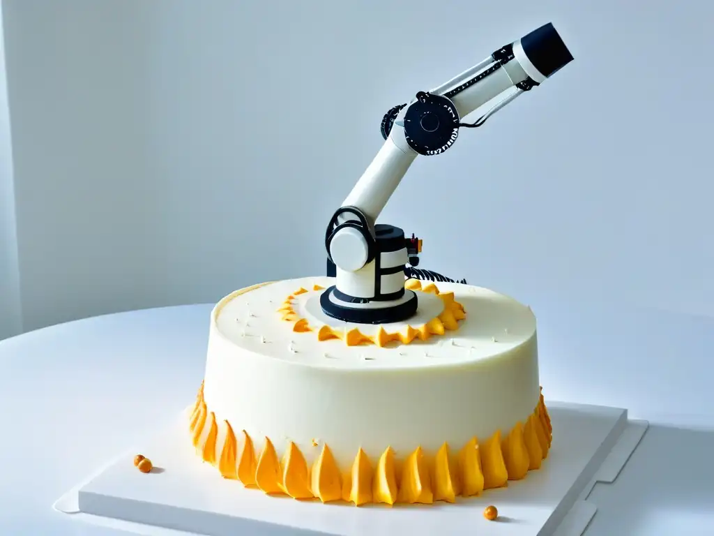 Robótica pastelera: brazo futurista decora con precisión Un robot pastelero innovador y preciso decorando un exquisito pastel