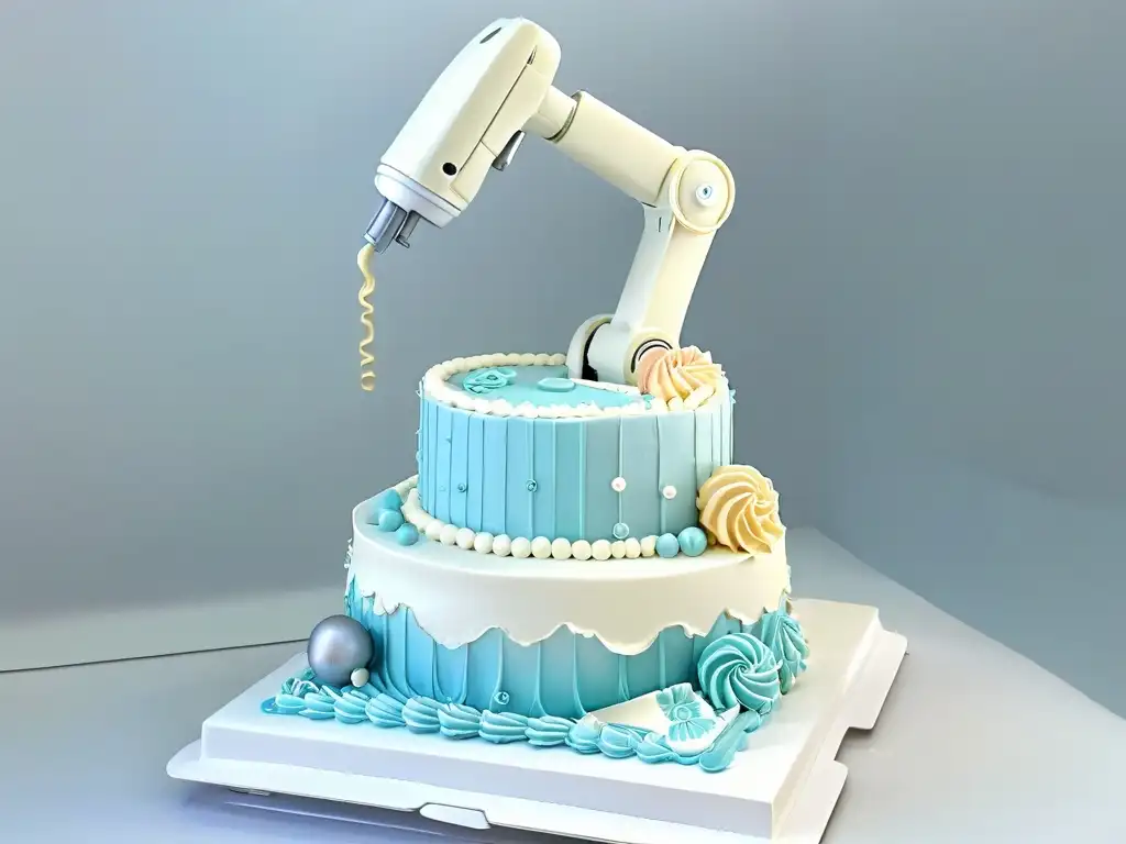 Robot repostero: delicadeza futurista en la decoración de pasteles Un robot pastelero innovador y preciso decora con delicadeza un exquisito pastel multicapa