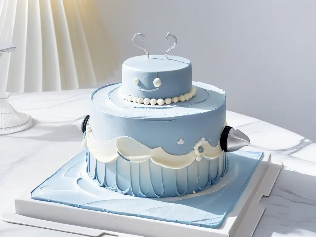Robot pastelero de plata creando arte culinario con precisión futurista Un robot pastelero plateado innovador y preciso decora con elegancia un exquisito pastel en mármol