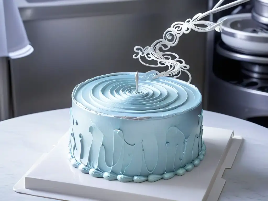 Robot chef pastelero: precisión y arte en la repostería moderna Un robot pastelero plateado innovando con precisión en la decoración de un pastel, fusionando tecnología y arte en la repostería moderna