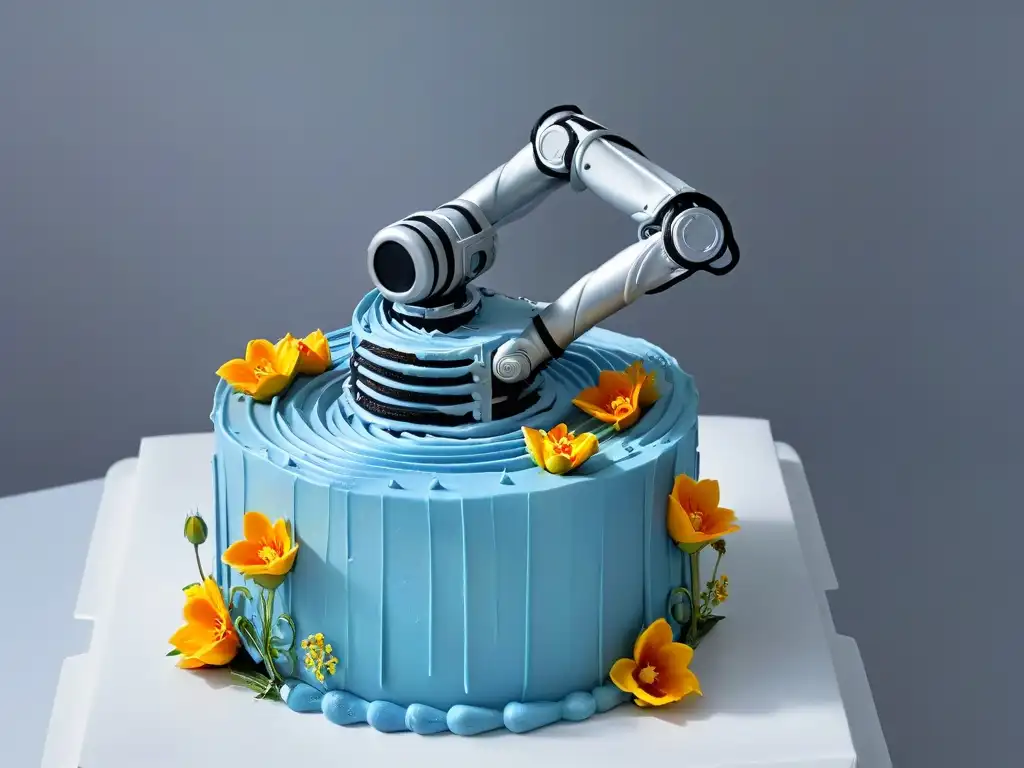 Un robot en repostería, chef pastelero, decora una torta con precisión y arte futurista