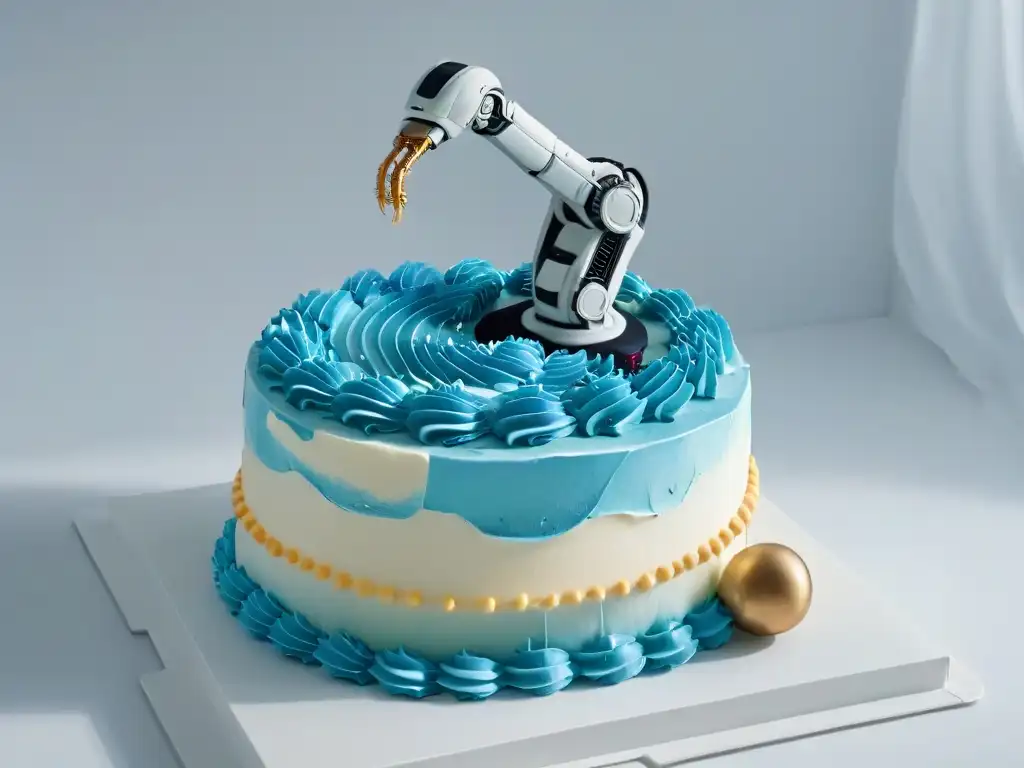 Un robot de repostería de última tecnología decorando un pastel en una cocina moderna