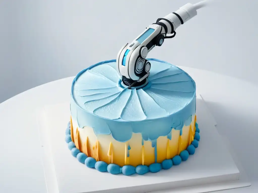 Un robot repostero de diseño moderno decorando con precisión una tarta