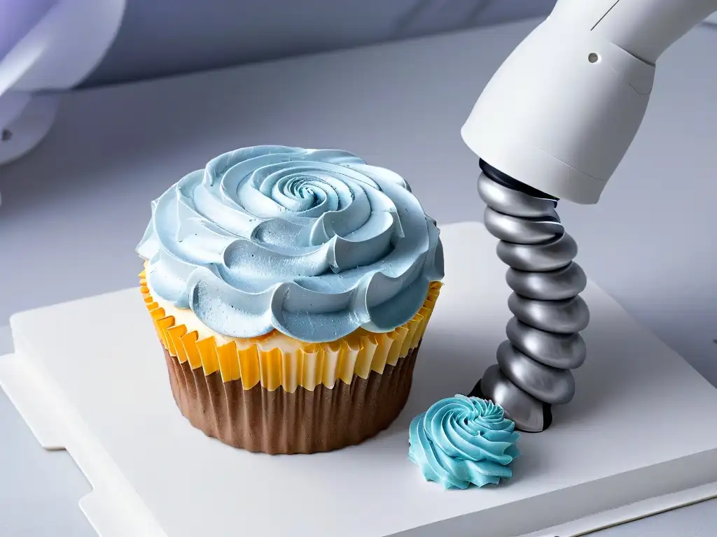 Robótica en repostería: costo beneficio - Detalle de brazo robótico plateado decorando un cupcake con precisión y eficiencia