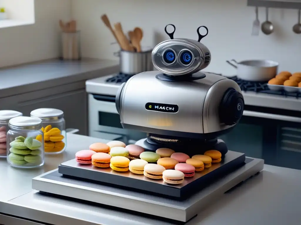 Robots de cocina en repostería: Robot futurista preparando macarons en cocina tradicional