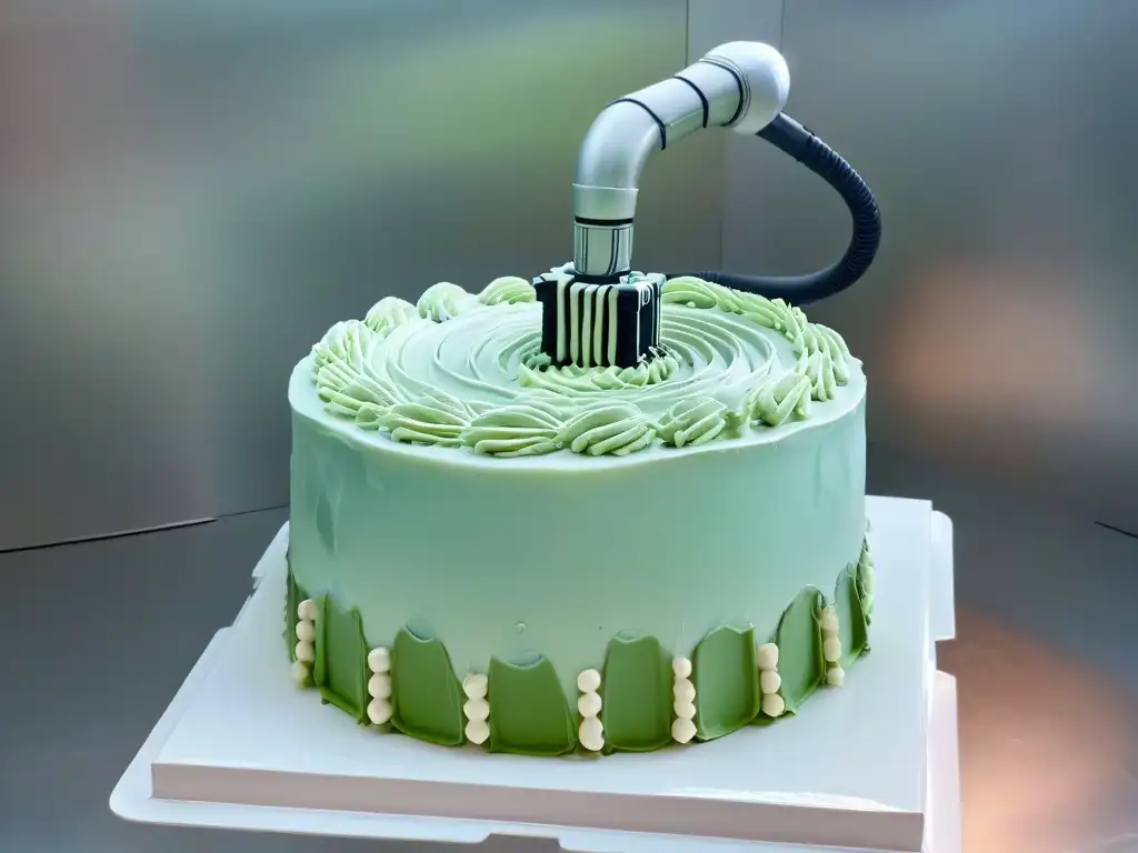 Robots en repostería: tendencias actuales - Brazo robótico decorando un pastel con precisión y arte en una cocina moderna