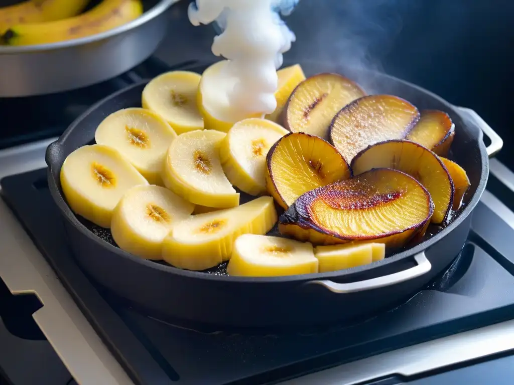 Rodajas de plátano doradas y caramelizadas en una sartén, destacando su textura brillante y color caramelo