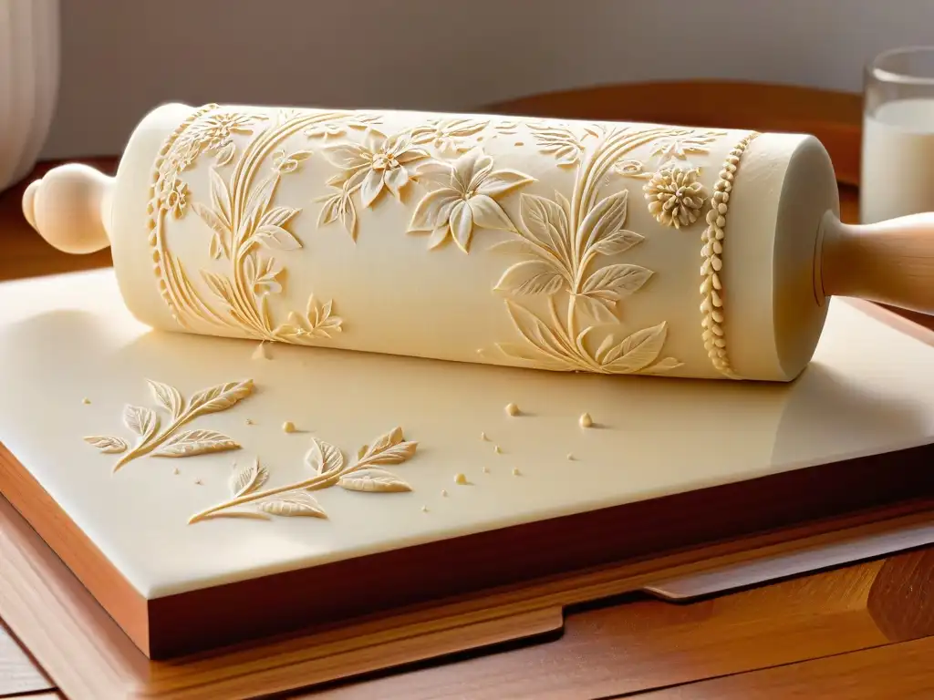 Un rodillo de mármol con diseños florales para repostería en una tabla de madera clara