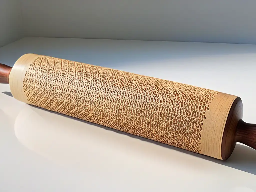 Un rodillo de madera elegante con grabados florales, evocando elegancia y artesanía
