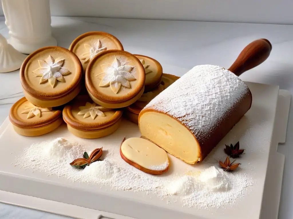 Un rodillo de madera con grabados florales reposa sobre una encimera de mármol con alfajores recién horneados, espolvoreados con azúcar glas